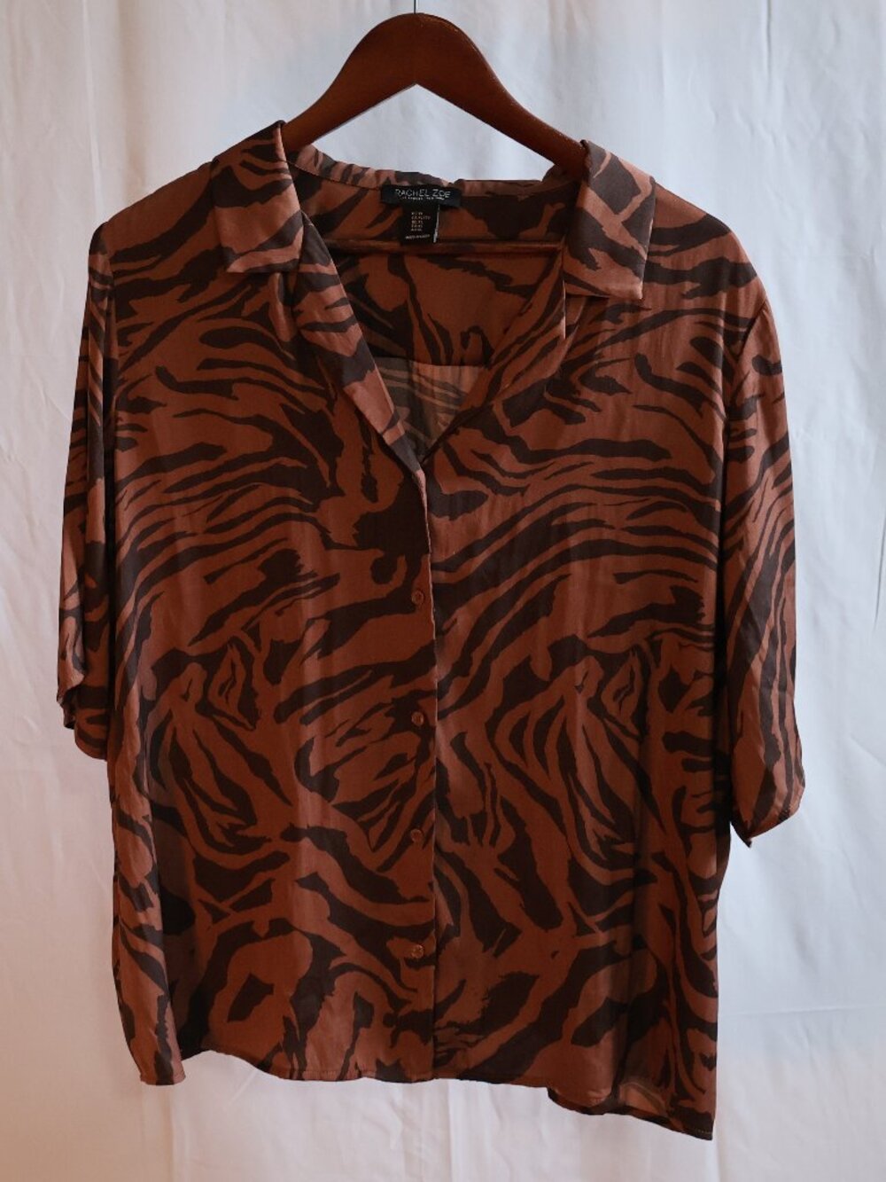 Rachel Zoe Brown Animal Print Button Front Blouse, Size XL